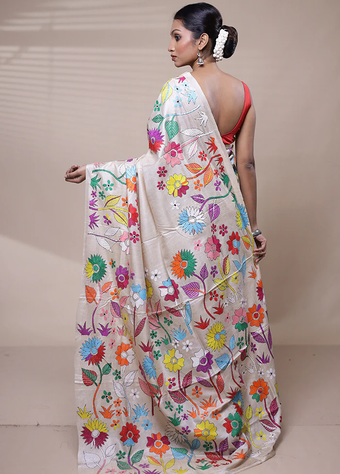 Cream Handloom Kantha Stitch Pure Silk Saree With Blouse Piece - Image 3