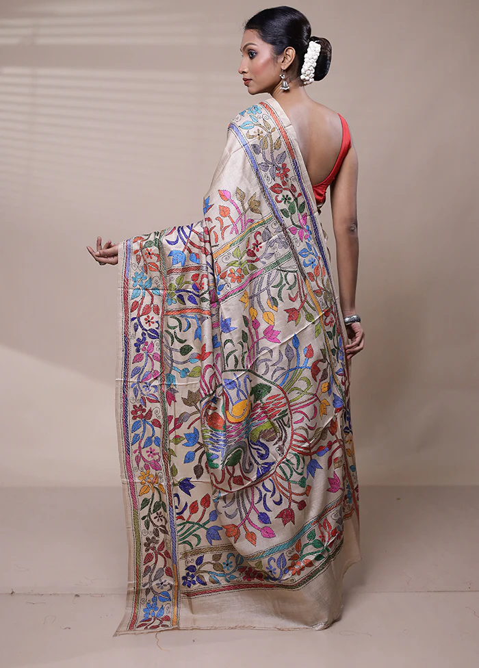 Cream Handloom Kantha Stitch Pure Silk Saree With Blouse Piece - Image 3