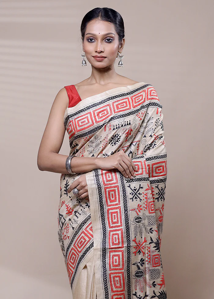 Cream Handloom Kantha Stitch Pure Silk Saree With Blouse Piece