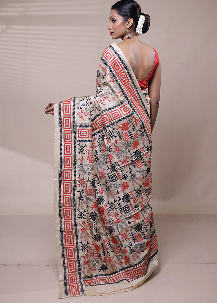 Cream Handloom Kantha Stitch Pure Silk Saree With Blouse Piece - Image 3