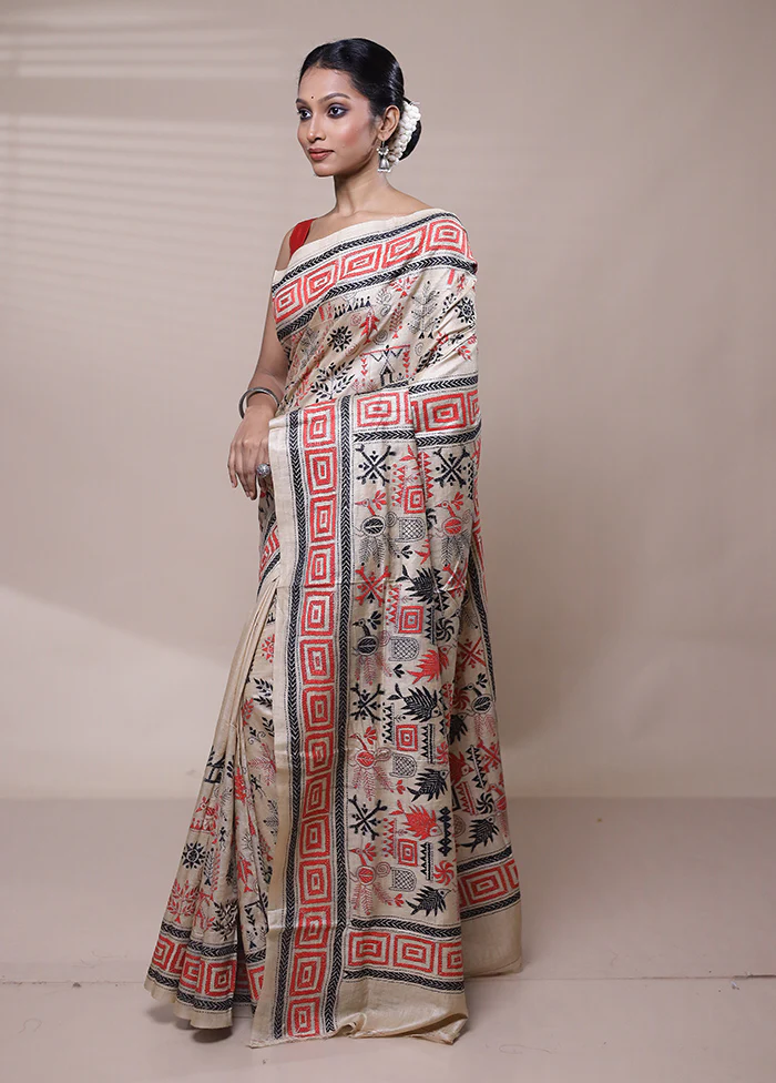 Cream Handloom Kantha Stitch Pure Silk Saree With Blouse Piece - Image 4