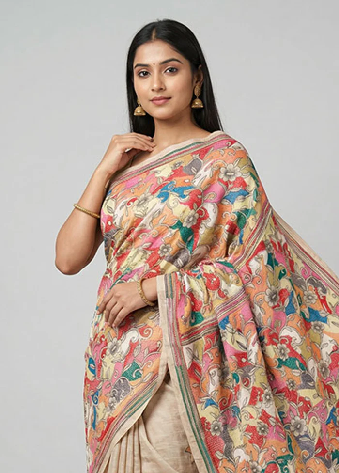 Cream Handloom Kantha Stitch Pure Silk Saree With Blouse Piece - Image 2