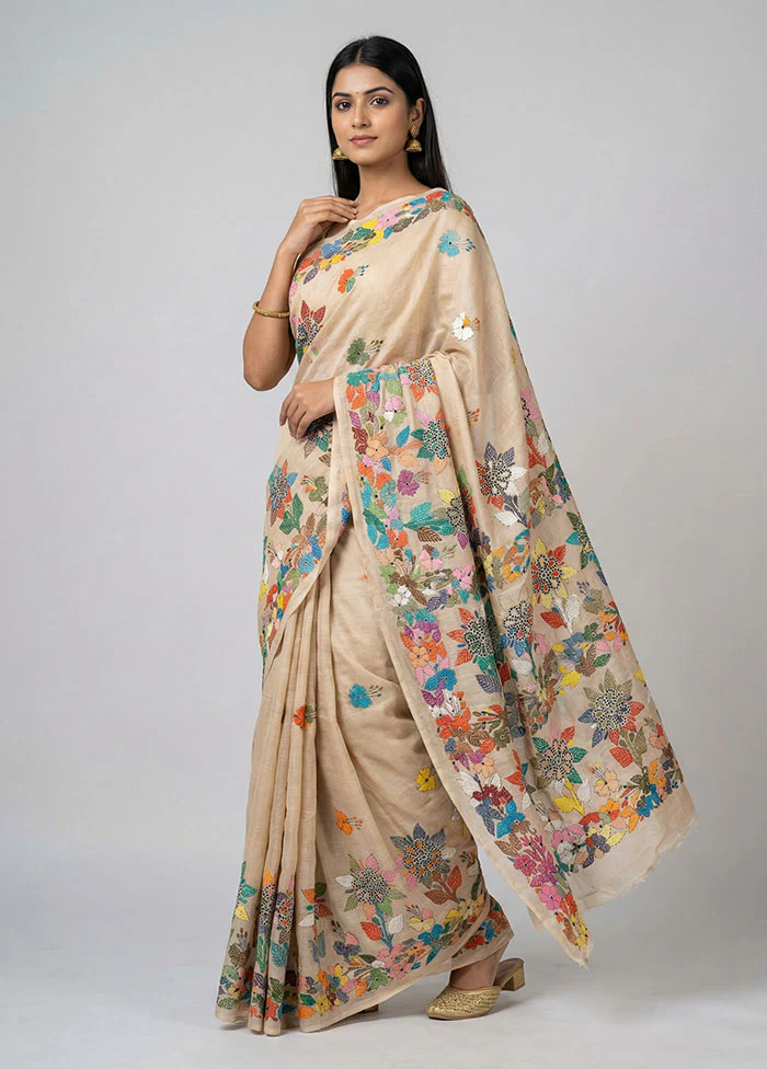 Cream Handloom Kantha Stitch Pure Silk Saree With Blouse Piece