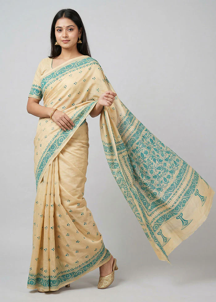 Cream Handloom Kantha Stitch Pure Silk Saree With Blouse Piece