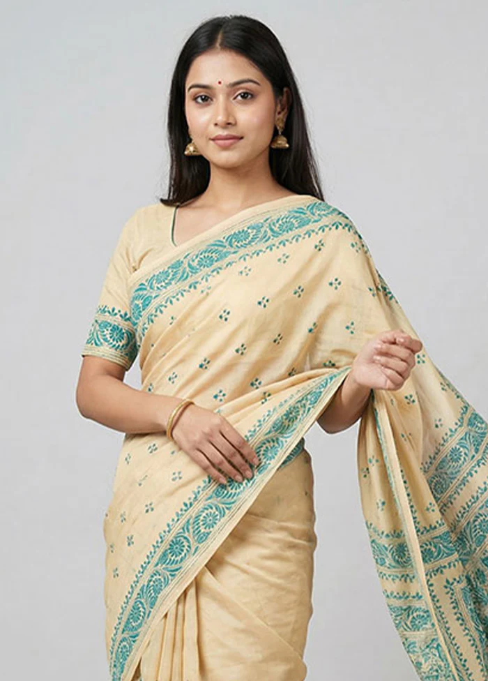 Cream Handloom Kantha Stitch Pure Silk Saree With Blouse Piece - Image 2