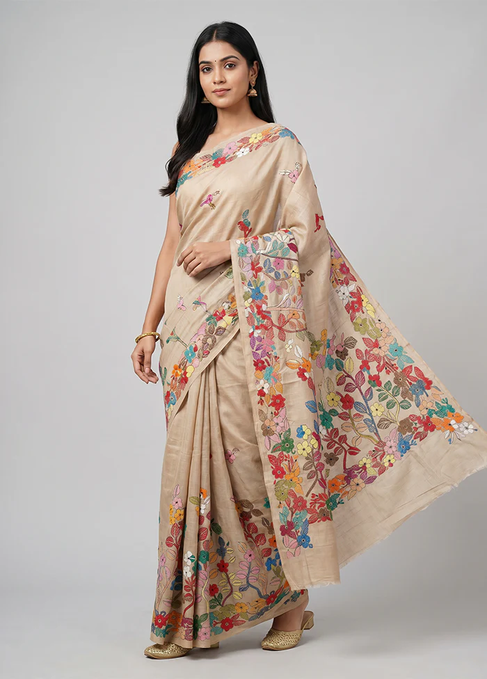 Cream Handloom Kantha Stitch Pure Silk Saree With Blouse Piece