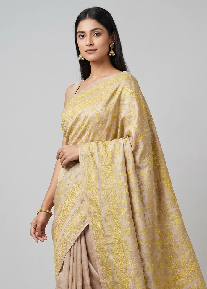 Cream Handloom Kantha Stitch Pure Silk Saree With Blouse Piece - Image 2