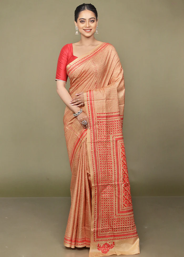 Cream Handloom Kantha Stitch Pure Silk Saree With Blouse Piece - Image 2