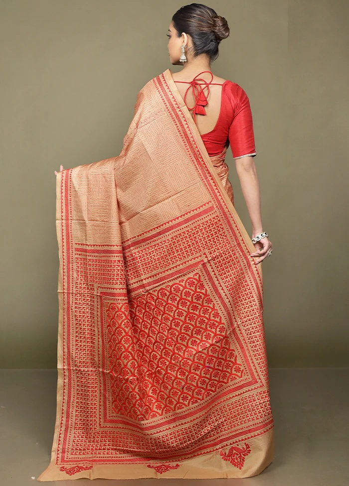 Cream Handloom Kantha Stitch Pure Silk Saree With Blouse Piece - Image 3
