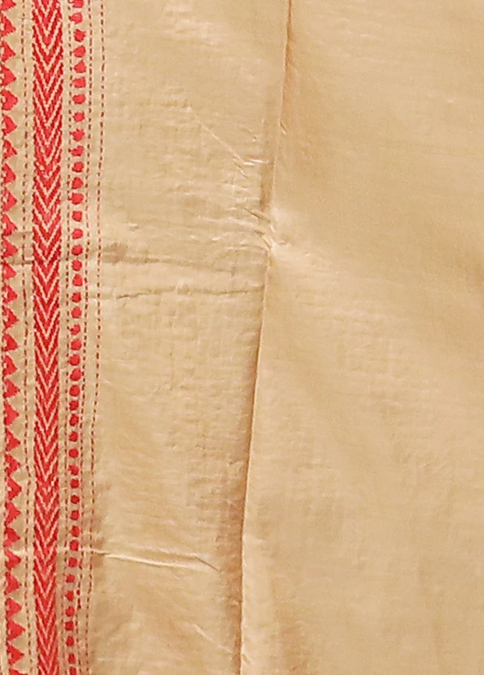 Cream Handloom Kantha Stitch Pure Silk Saree With Blouse Piece - Image 5
