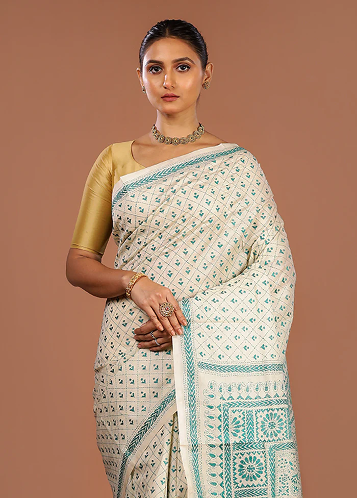 Cream Handloom Kantha Stitch Pure Silk Saree With Blouse Piece
