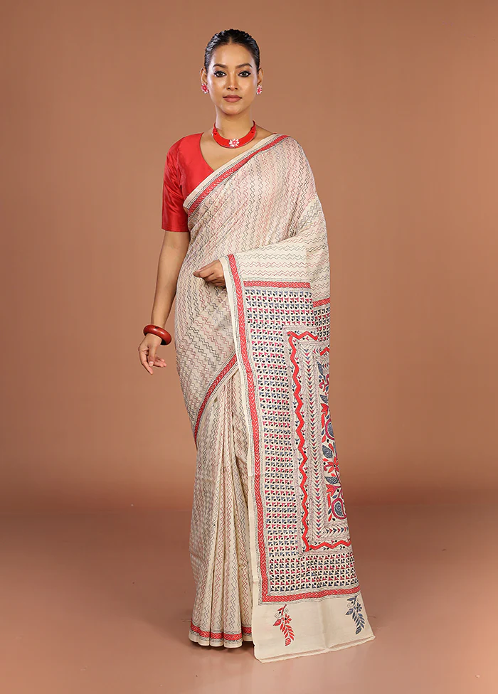 Cream Handloom Kantha Stitch Pure Silk Saree With Blouse Piece - Image 2