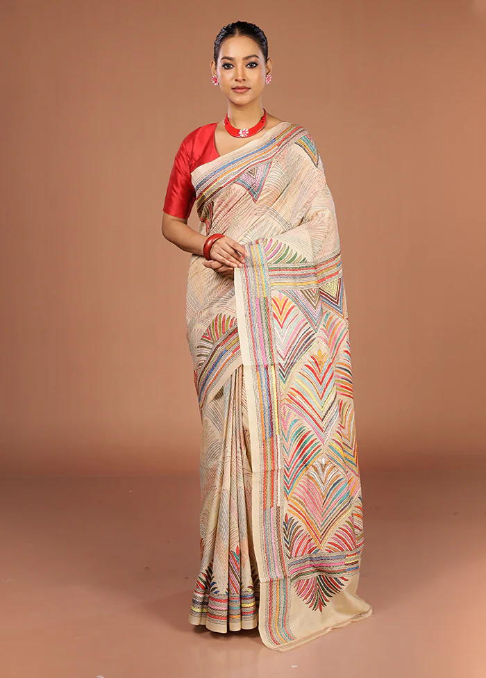 Cream Handloom Kantha Stitch Pure Silk Saree With Blouse Piece - Image 2