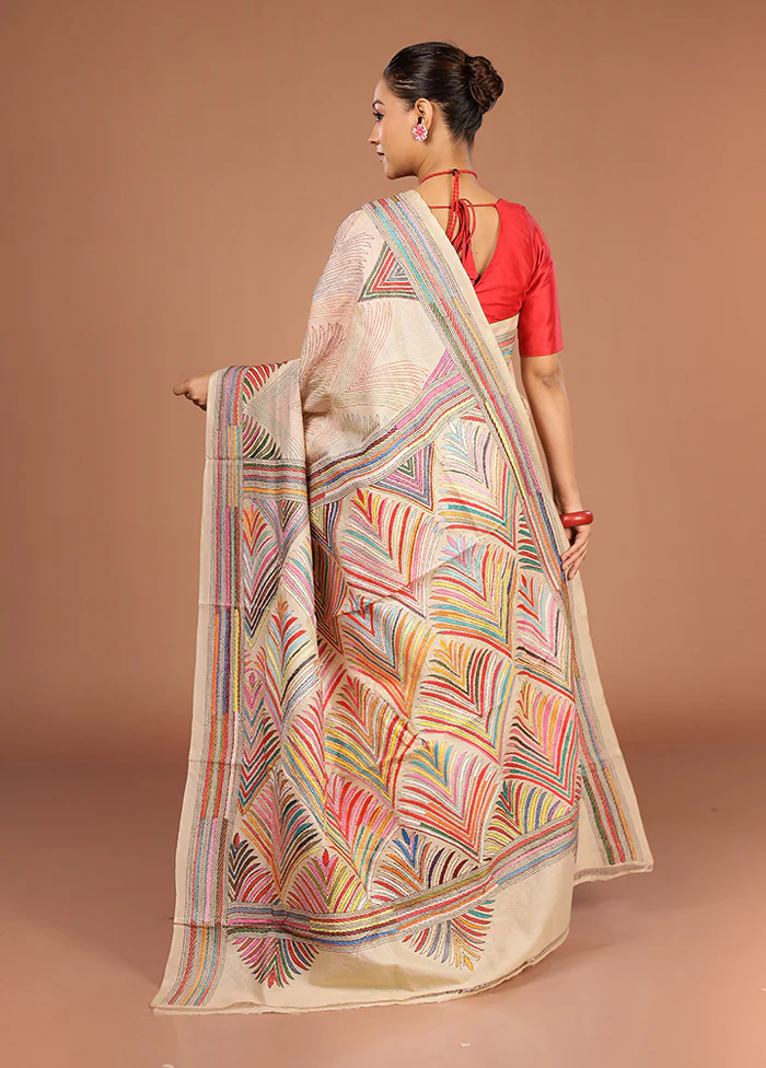Cream Handloom Kantha Stitch Pure Silk Saree With Blouse Piece - Image 3