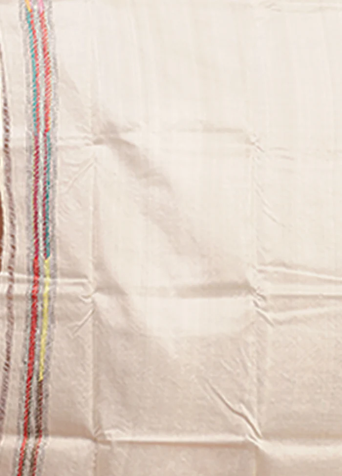 Cream Handloom Kantha Stitch Pure Silk Saree With Blouse Piece - Image 5