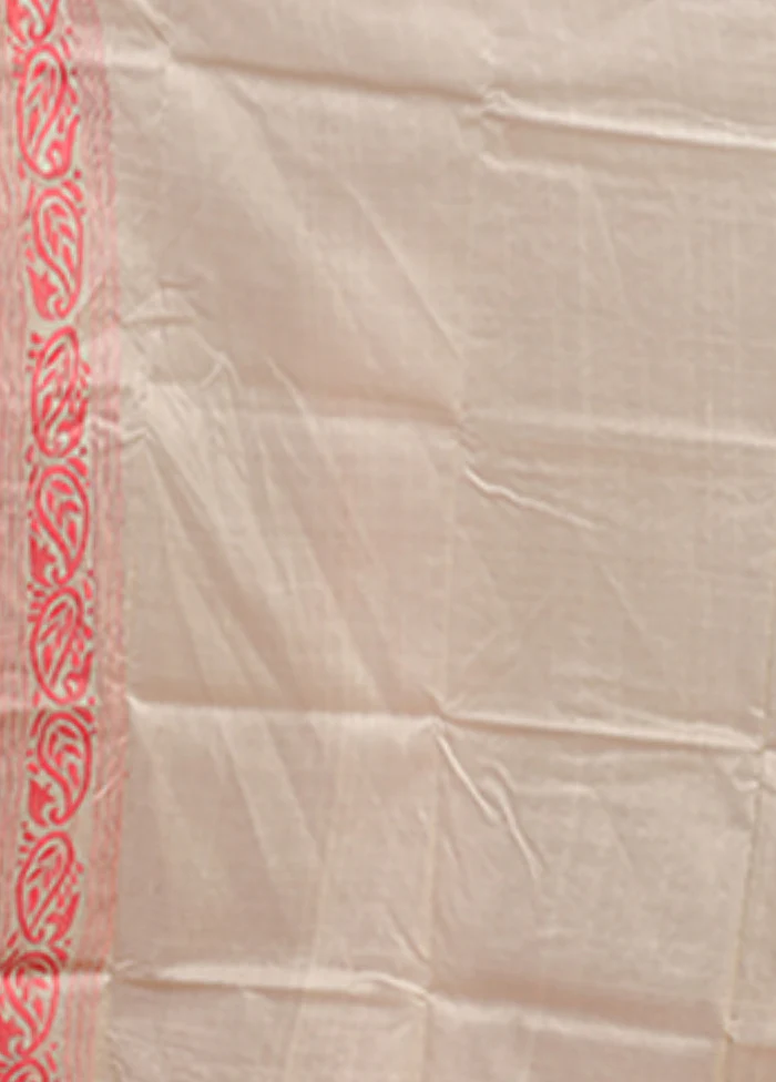 Cream Handloom Kantha Stitch Pure Silk Saree With Blouse Piece - Image 5