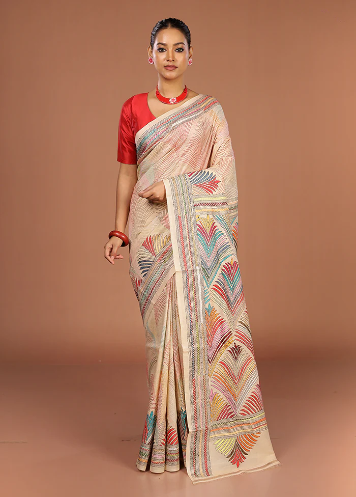 Cream Handloom Kantha Stitch Pure Silk Saree With Blouse Piece - Image 2