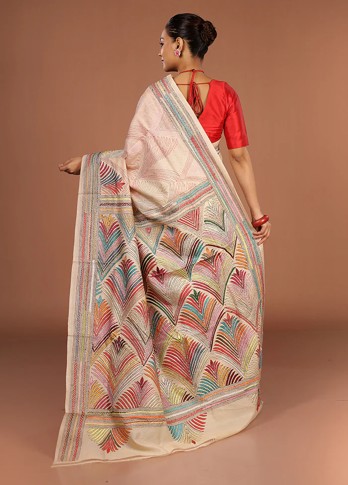Cream Handloom Kantha Stitch Pure Silk Saree With Blouse Piece - Image 3