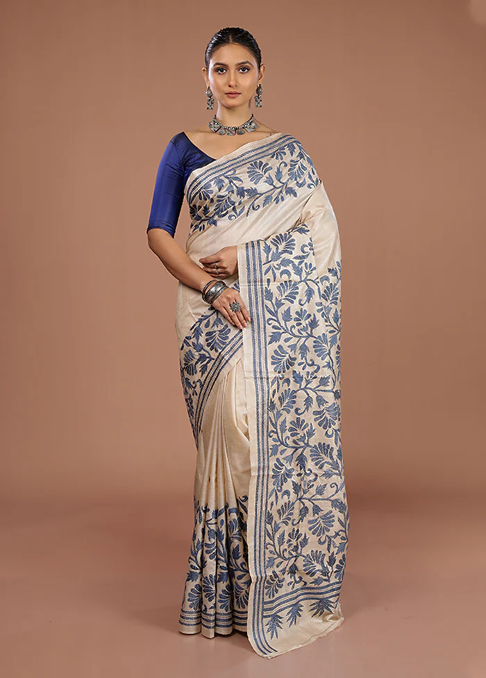 Cream Handloom Kantha Stitch Pure Silk Saree With Blouse Piece - Image 2