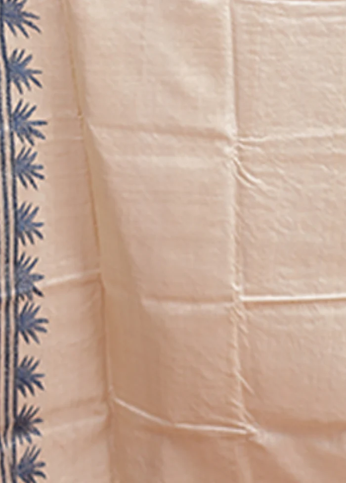 Cream Handloom Kantha Stitch Pure Silk Saree With Blouse Piece - Image 5