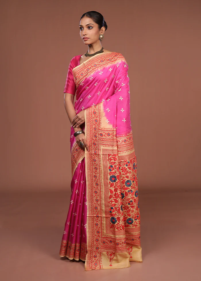 Pink Handloom Kantha Stitch Pure Silk Saree With Blouse Piece - Image 4