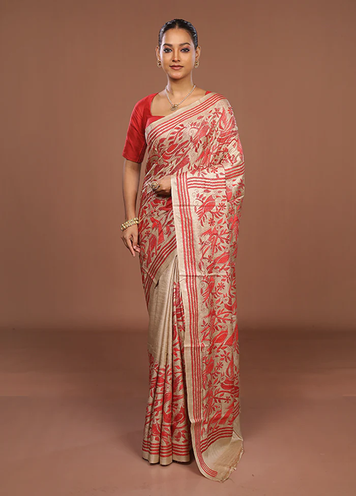 Cream Handloom Kantha Stitch Pure Silk Saree With Blouse Piece - Image 2
