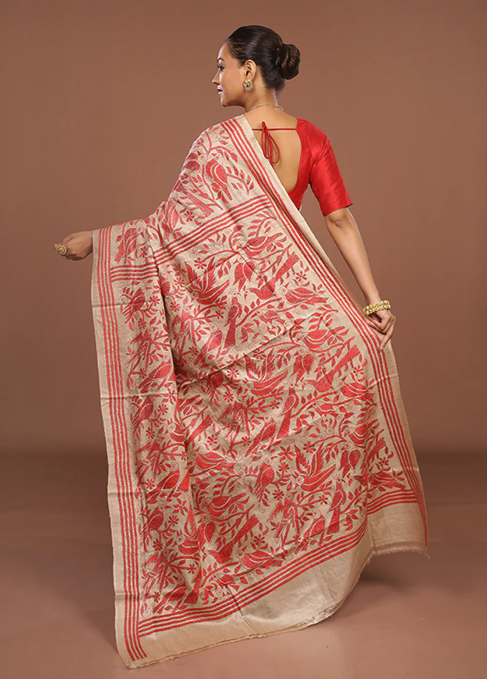 Cream Handloom Kantha Stitch Pure Silk Saree With Blouse Piece - Image 3