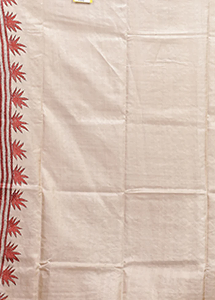 Cream Handloom Kantha Stitch Pure Silk Saree With Blouse Piece - Image 5