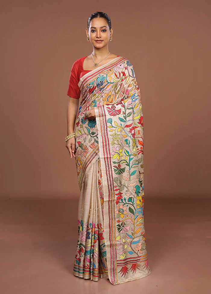 Cream Handloom Kantha Stitch Pure Silk Saree With Blouse Piece - Image 2