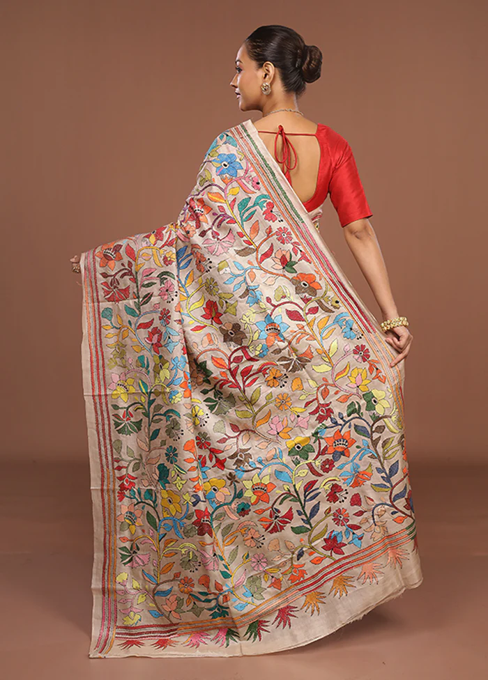 Cream Handloom Kantha Stitch Pure Silk Saree With Blouse Piece - Image 3