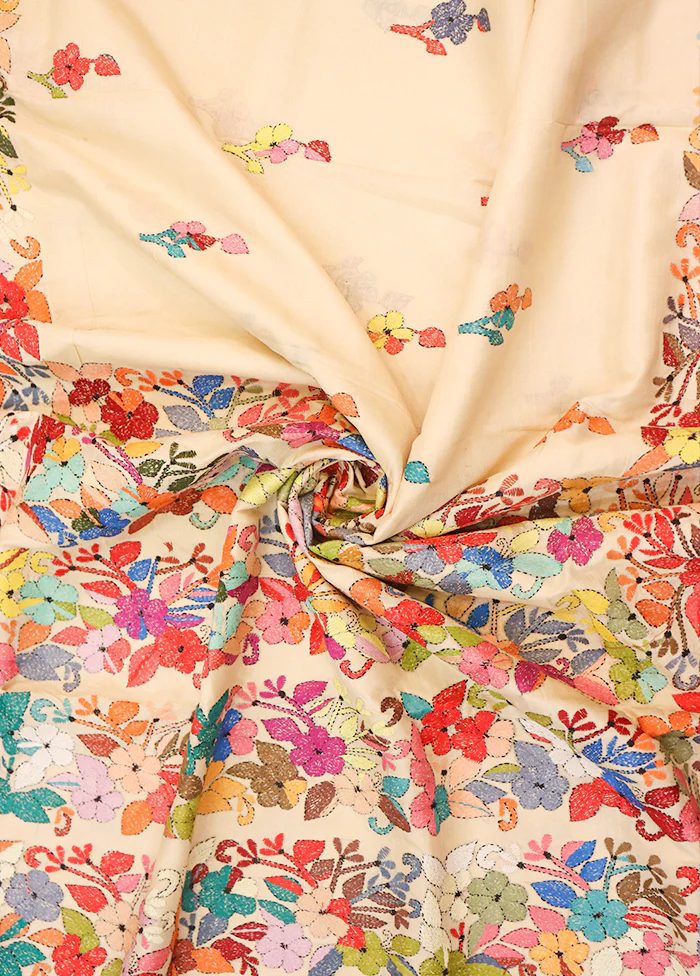 Cream Handloom Kantha Stitch Pure Silk Saree With Blouse Piece - Image 2