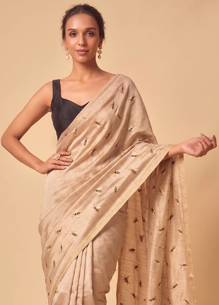 Cream Tussar Hand-Embroidered Pure Silk Saree with Blouse Piece - Image 2
