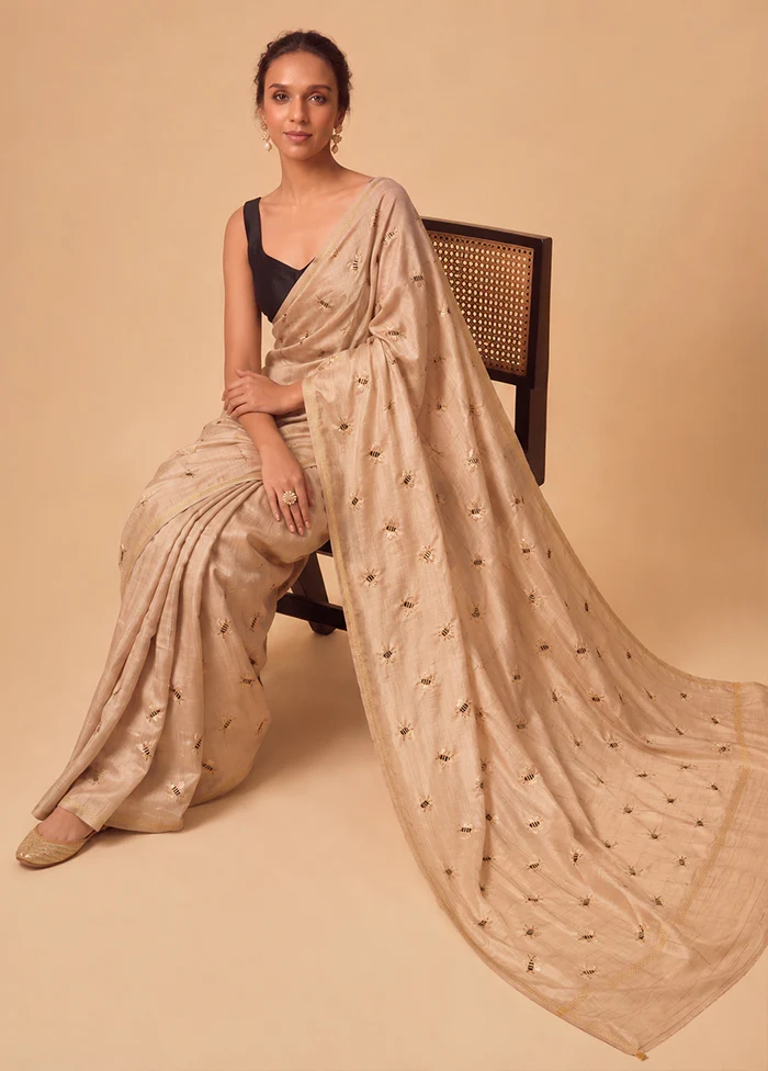 Cream Tussar Hand-Embroidered Pure Silk Saree with Blouse Piece - Image 3