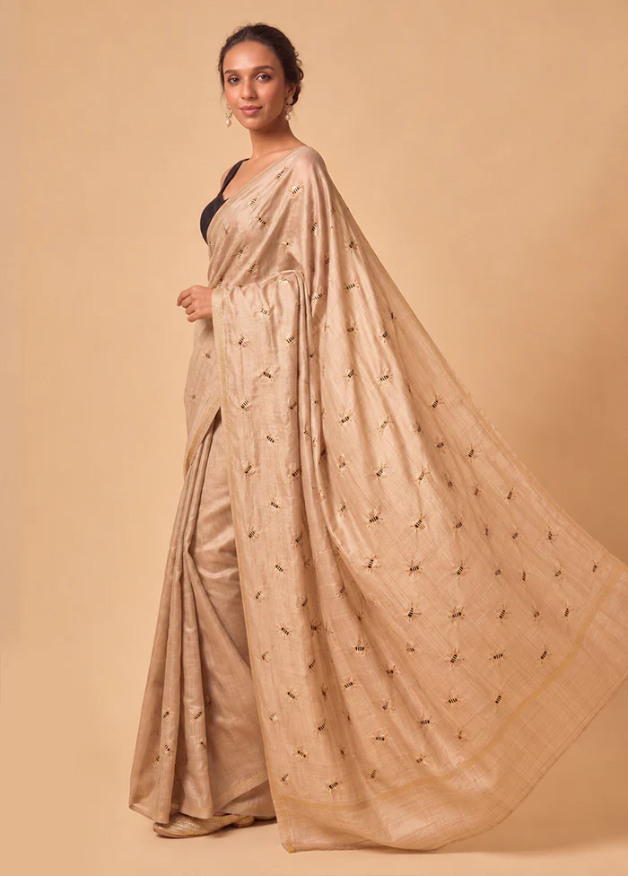 Cream Tussar Hand-Embroidered Pure Silk Saree with Blouse Piece - Image 4