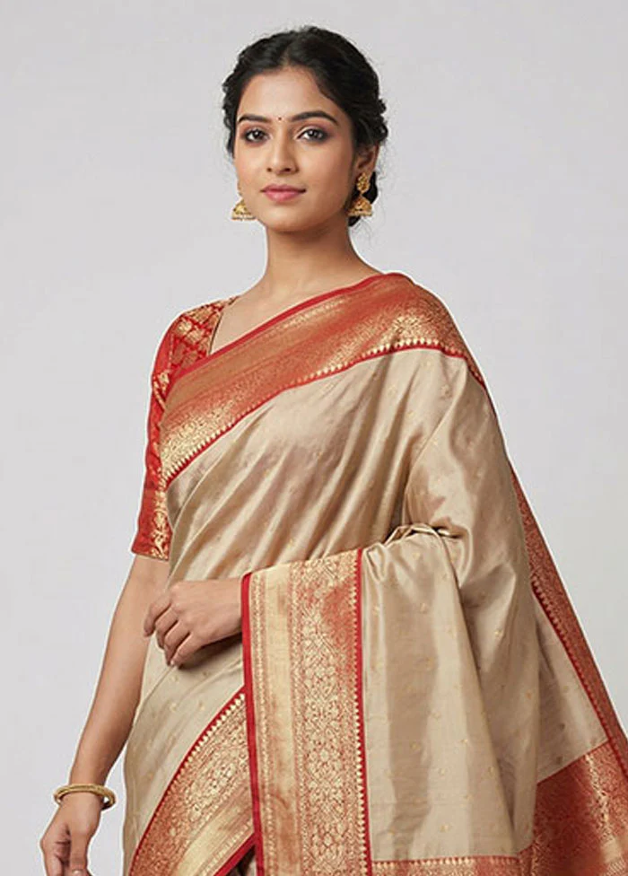 Cream Handloom Katan Pure Silk Saree With Blouse Piece - Image 2