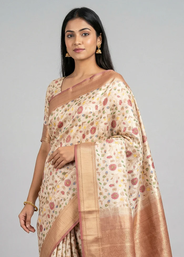 Cream Handloom Katan Pure Silk Saree With Blouse Piece - Image 2