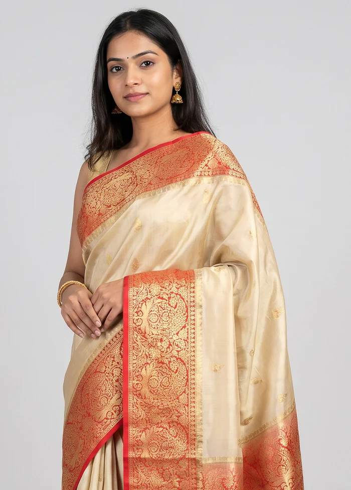 Cream Handloom Katan Pure Silk Saree With Blouse Piece - Image 2