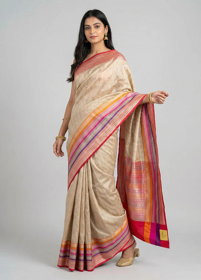 Cream Handloom Katan Pure Silk Saree With Blouse Piece