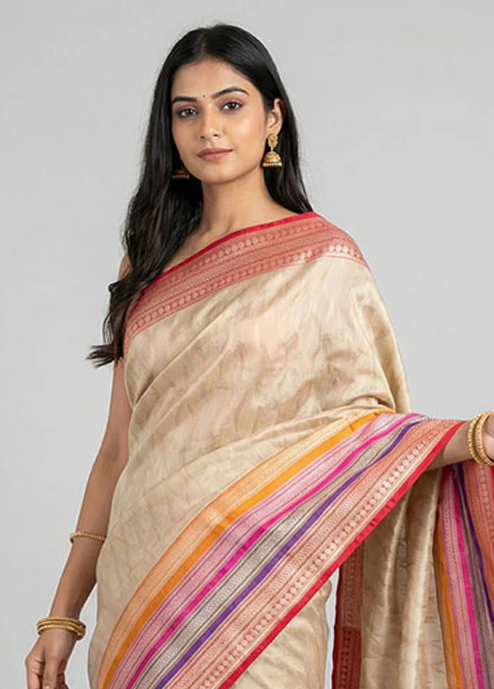 Cream Handloom Katan Pure Silk Saree With Blouse Piece - Image 2