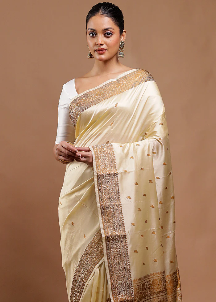 Cream Handloom Katan Pure Silk Saree With Blouse Piece - Image 2