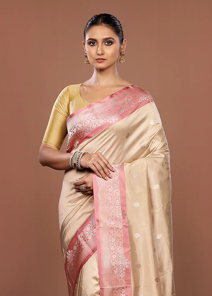 Cream Handloom Katan Pure Silk Saree With Blouse Piece