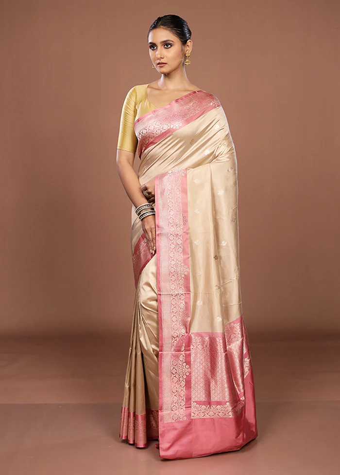 Cream Handloom Katan Pure Silk Saree With Blouse Piece - Image 4