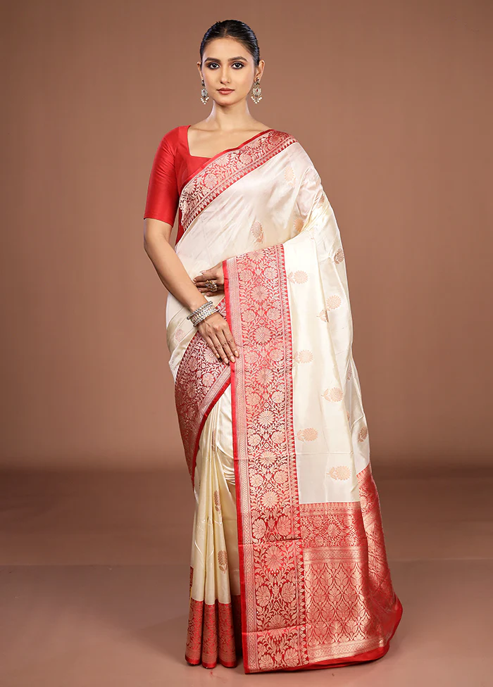 Cream Handloom Katan Pure Silk Saree With Blouse Piece - Image 2