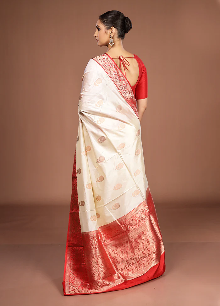Cream Handloom Katan Pure Silk Saree With Blouse Piece - Image 3