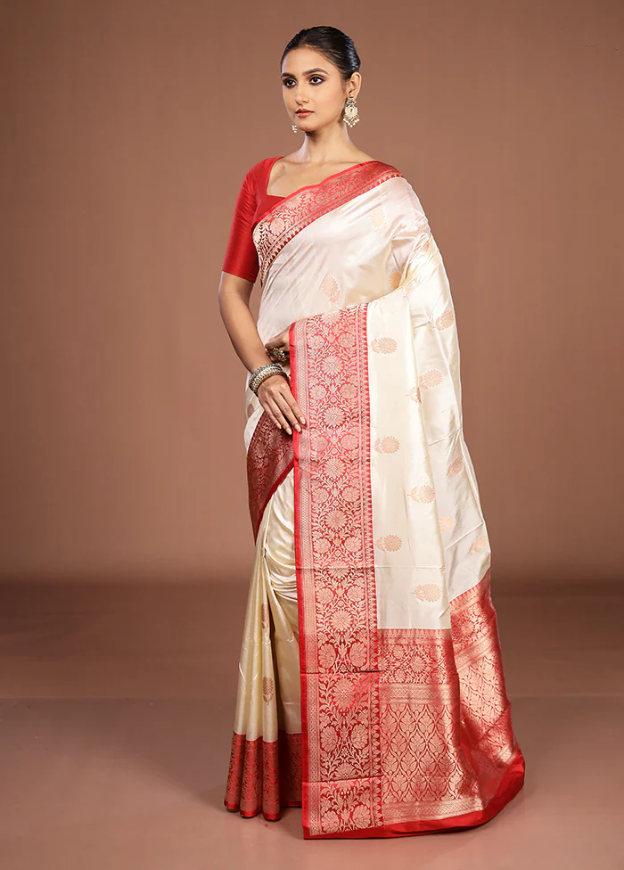 Cream Handloom Katan Pure Silk Saree With Blouse Piece - Image 4