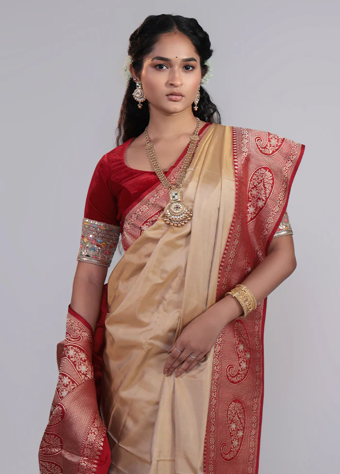 Cream Handloom Katan Pure Silk Saree With Blouse Piece - Image 2