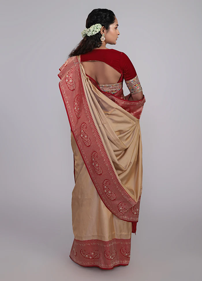 Cream Handloom Katan Pure Silk Saree With Blouse Piece - Image 3