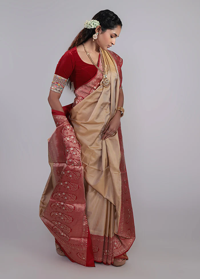 Cream Handloom Katan Pure Silk Saree With Blouse Piece - Image 4