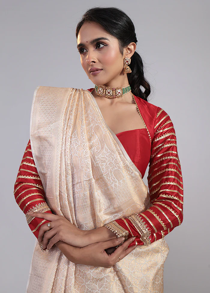 Cream Handloom Katan Pure Silk Saree With Blouse Piece - Image 2