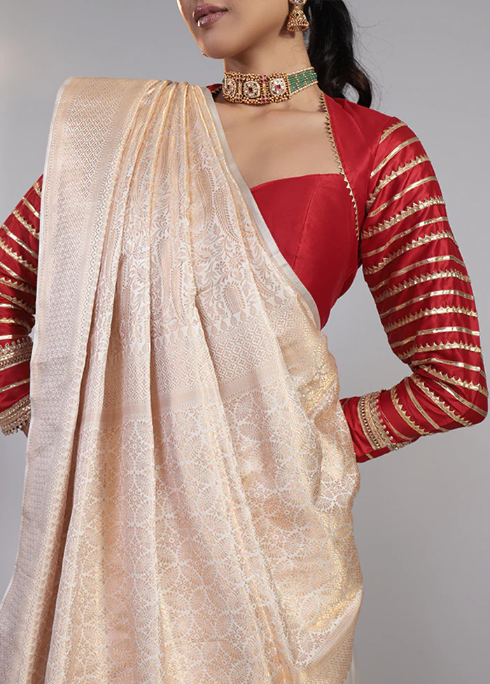 Cream Handloom Katan Pure Silk Saree With Blouse Piece - Image 3